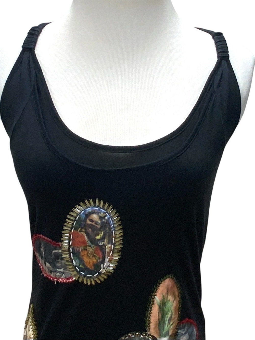 Vintage Marc Cain Silk Tank Top Black Racerback Embellished Art Appliqué Size N - Picture 3 of 9